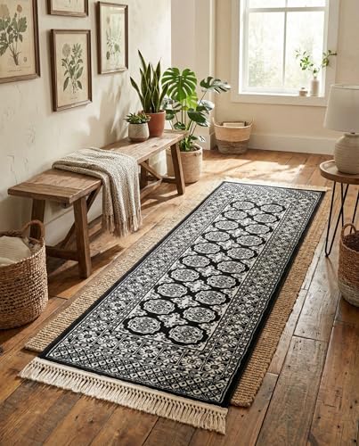 Rugs.com Bokhara Collection Rug – 6 Ft Runner Black and White Medium-Pile Rug Perfect for Hallways, Entryways - color: Black and White, size: 2' x 6' Runner