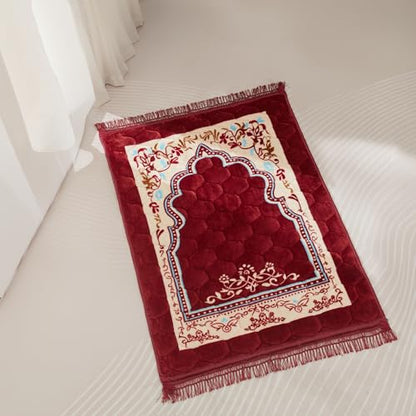 Muslim Prayer Rug with Tasbih Prayer Beads, Soft Large Prayer Matt Islam, Padded Islamic Prayer Mat Thick for Men and Women, Janamaz, Sajadah (31.5" x 47.2", Red) - color: Red
