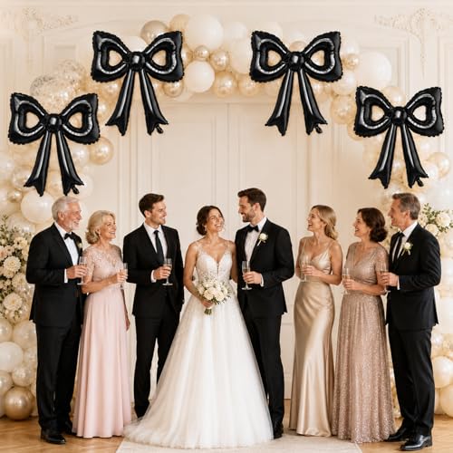 Black Bow Balloons, 6 Pcs Cutout Foil for Wedding Engagement Bridal Party - style: Hollow Bow Black
