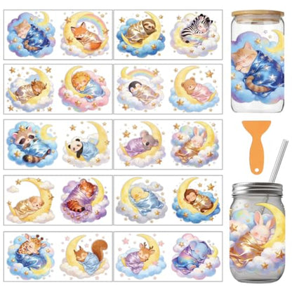 arricraft 10 Pcs Sleeping Animals Theme PVC Cup Transfer Stickers, Adorable Sleeping Cat Fox Animal UV Waterproof Cup Sticker for 16 oz Glasses Window Home Printing Decoration 24x11cm - style: Sleeping Animals Theme
