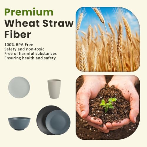Homienly Premium 40 PCS Wheat Straw Dinnerware Set - Dinner Plates, Cereal Bowls, Unbreakable Cups Set, Microwave and Dishwasher Safe Dishes Set, Reusable Lightweight Dish Sets for Kitchen(Black Grey) - color: Black Grey, size: 40 PCS