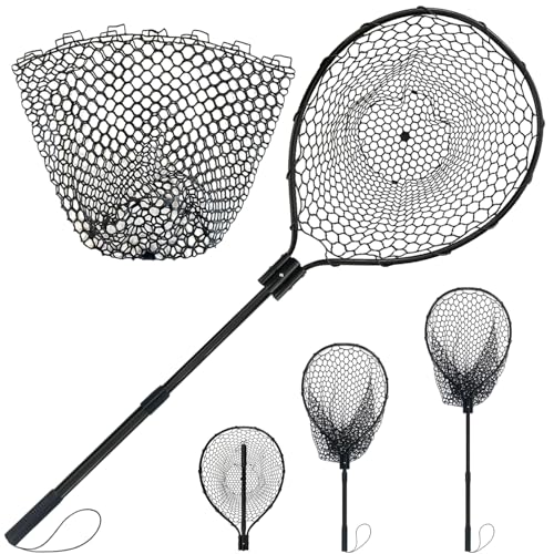 All Metal Telescoping Rubber Fishing Net with Handle Length: 59" Depth:19.7" Hoop: 26"x18" Large Silicone Fish Landing Net Pier/Kayak/Fishpond/Saltwater/Salmon Extendable Fishing Gear - color: Black with a Extra Replacement Net