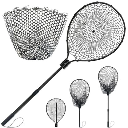 All Metal Telescoping Rubber Fishing Net with Handle Length: 59" Depth:19.7" Hoop: 26"x18" Large Silicone Fish Landing Net Pier/Kayak/Fishpond/Saltwater/Salmon Extendable Fishing Gear - color: Black with a Extra Replacement Net
