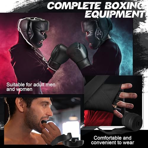 Kanayu 14 Pcs Boxing Gloves and Headgear Set for Beginners Youth 16 Ounce Boxing Gloves Headgear Helmet Hand Wraps Mouth Guards Equipment for Beginners Training Equipment Gifts - color: Black