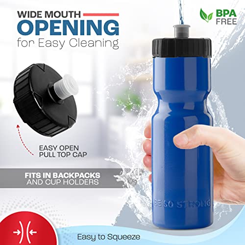 50 Strong Sports Water Bottles – Reusable 22 oz BPA-Free Plastic Bottles with Pull Top Cap – Made in USA – Top Rack Dishwasher Safe – Fits Most Bike Cages Brand - color: Blue, style: 6 Pack