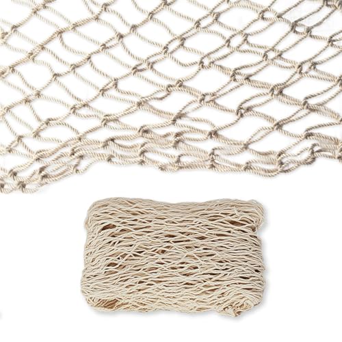Natural Cotton Fish Net Decorations, 4x6.6 Ft Nautical Party Decor for Hawaiian Pirate Ocean Beach Theme, Halloween Christmas Wall Backdrop Decoration