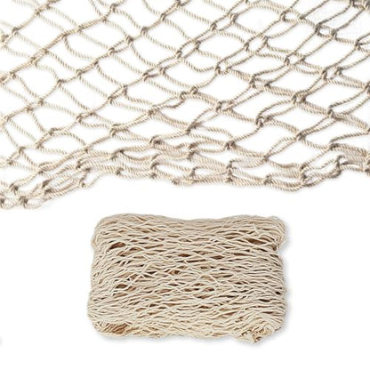 Natural Cotton Fish Net Decorations, 4x6.6 Ft Nautical Party Decor for Hawaiian Pirate Ocean Beach Theme, Halloween Christmas Wall Backdrop Decoration