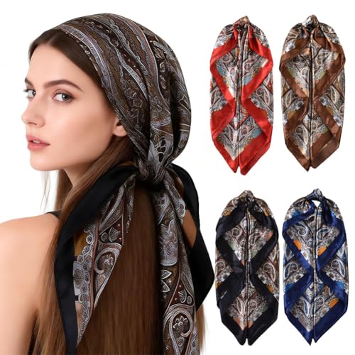 4Pcs Silk Head Scarves for Women Satin Hair Scarf 35”Large Square Bandana Silk Like Neck Scarf Shawl - color: Black/Red/Brown/Navy Blue