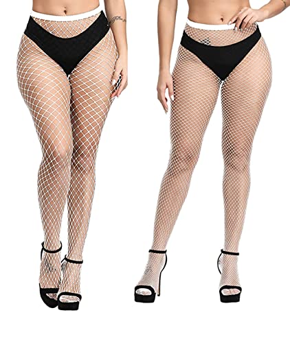 E-Laurels Womens High Waist Patterned Fishnet Tights Suspenders Pantyhose Thigh High Stockings Black - color: White M+l_hole
