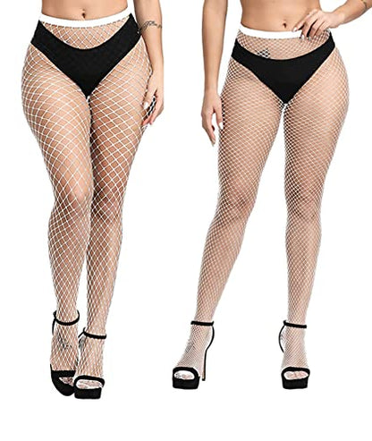 E-Laurels Womens High Waist Patterned Fishnet Tights Suspenders Pantyhose Thigh High Stockings Black - color: White M+l_hole