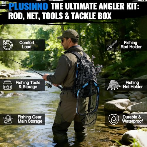 PLUSINNO Fishing Backpack with Fishing Floating Net, Fishing Gear, Tackle Boxes,Waterproof Fishing Tackle Bag, Fishing Gifts for Men - color: Camo Fishing Backpack