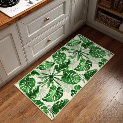 Sage Green Leaves Runner Rug 2x4 Rugs for Bedroom,Plant Botanical Print Kitchen Rug Washable Indoor Door Mat Non Slip Accent Throw Rugs Green Leaf Area Carpet Runners for Hallway,Entryway,Laundry - size: 2'x4'