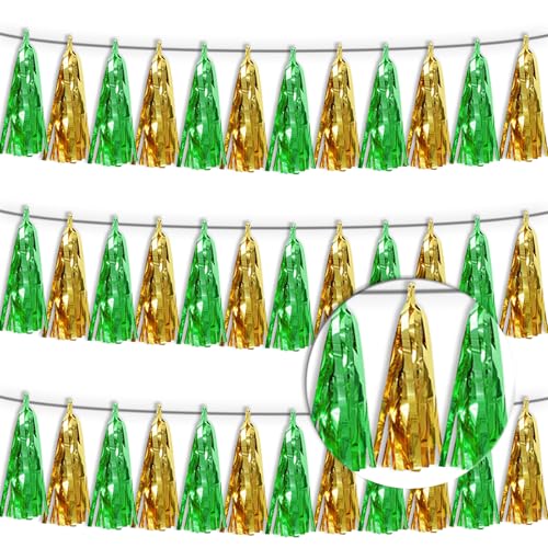 3P Sage-Green Gold Tassel Banner Garland Metallic Foil Fringe Banner Tinsel Tassels Streamer Banner Backdrop for Parade Floats, Graduation Decorations, Woodland Party Decoration - color: Green Gold