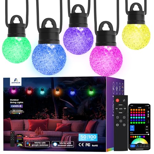 APPECK Smart Outdoor String Lights 100ft, RGBW Patio Light with 50 LED Bulb - size: 100FT