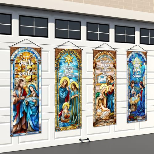 Panelee 4 Pcs Nativity Scene Banner Religious Christmas Backdrop Holy Nativity Stained Glass Style Wall Decorations Jesus Porch Sign for Xmas Indoor Outdoor Church Wall Hanging Decor - style: Nativity