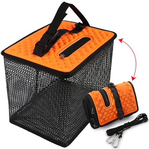 Floating Fishing Basket, Collapsible Fish Basket Portable Fishing Net Quick-Drying Rubber Coated Fishing Bait Storage Cage 3.5-10 Gallons - color: Oragne-11*8.5*9in, size: 3.5Gallons