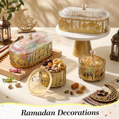 4 Pcs Ramadan Trays with Lid Gold Eid Mubarak Tray Plates Ramadan Moon Candy Dish Table Decorations Food Serving Tray Islam Muslim Al-fitr Cookie Storage Container for Eid Party Supplies