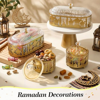 4 Pcs Ramadan Trays with Lid Gold Eid Mubarak Tray Plates Ramadan Moon Candy Dish Table Decorations Food Serving Tray Islam Muslim Al-fitr Cookie Storage Container for Eid Party Supplies