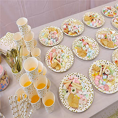 200Pcs Gold Party Supplies - Gold Paper Plates & Napkins Cups Silverware Serves 25 Sets for Wedding Bridal Shower Engagement Birthday Parties (Gold dot) - color: Gold dot