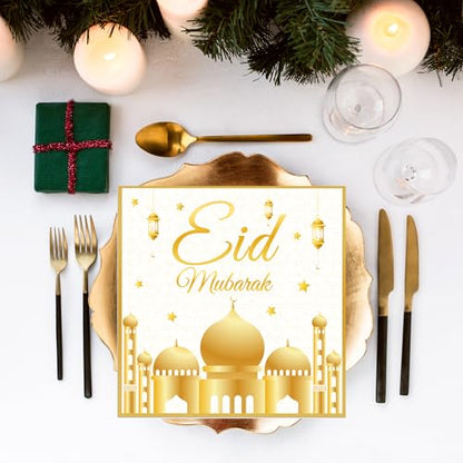 100Pcs Eid Mubarak Paper Napkins White and Gold Moons Stars Guest Lunch Dinner Tableware Disposable Dessert Napkin Set for Muslim Kitchen Holiday Party Supplies Decoration,6.5 x 6.5 inch