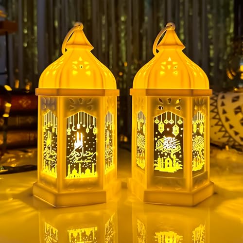 Ramadan Lantern Lights 2pcs 8in Ramadan Decorations for Home, Ramadan Table Decor Lantern, Ramadan Gifts for Kids, Eid Decoration for Home Indoor Outdoor Decor
