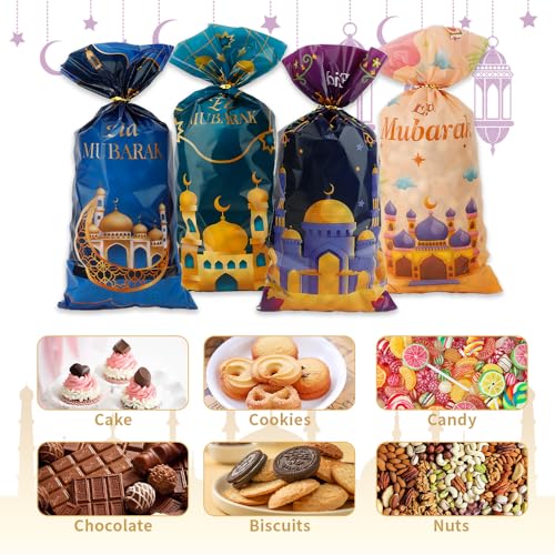 Ramadan Cellophane Treat Bags, Eid Mubarak Candy Bags, 120 PCS Plastic Eid Mubarak Ramadan Gift Bags Goodie Bags Cookie Bags with Twist Ties for Islam Muslim Eid Mubarak Ramadan Party Favor Supplies - color: style 1-120pcs
