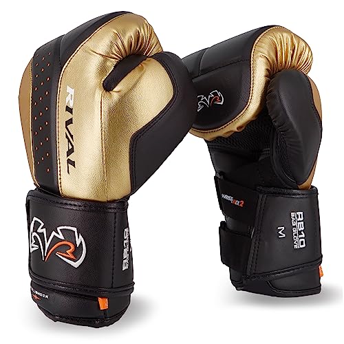 RIVAL Boxing RB10 Intelli-Shock Bag Gloves, Hook and Loop Closure - Ergonomic Fit, 1.25” of Closed Cell Foam for Intense Bag Use - color: Black/Gold, size: X-Large