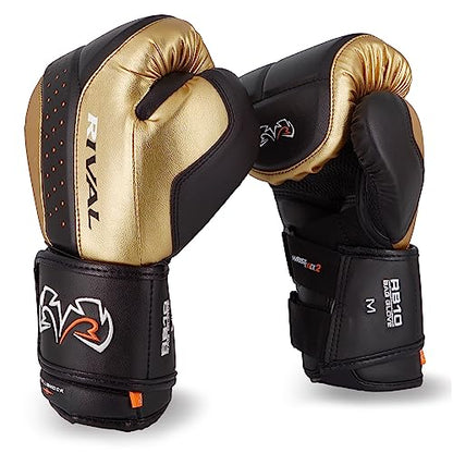 RIVAL Boxing RB10 Intelli-Shock Bag Gloves, Hook and Loop Closure - Ergonomic Fit, 1.25” of Closed Cell Foam for Intense Bag Use - color: Black/Gold, size: Medium