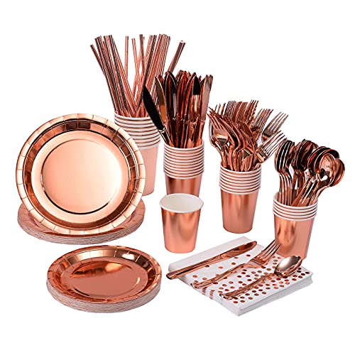 200 Pieces Solid Rose Gold Party Supplies - Rose Gold Paper Plates & Napkins Cups Silverware Serves 25 Sets for Wedding Bridal Shower Engagement Birthday Parties (Rose gold) - color: Rose Gold