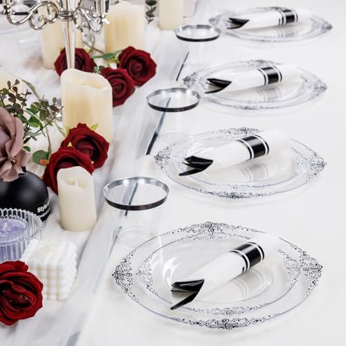 Hioasis 175pcs Clear and Black Plates - Black Party Plates for 25 Guest, Include 50 Heavy-duty Plates(20% Thicker Than Standard), 25 Pre Rolled Gold Plastic Silverware Set, 25 Cups - color: Clear and Black