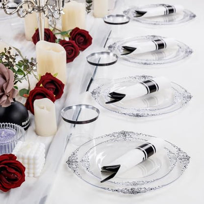 Hioasis 175pcs Clear and Black Plates - Black Party Plates for 25 Guest, Include 50 Heavy-duty Plates(20% Thicker Than Standard), 25 Pre Rolled Gold Plastic Silverware Set, 25 Cups - color: Clear and Black
