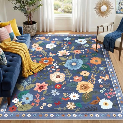 RELEANY Floral 5x7 Area Rug Machine Washable Soft Print Boho Carpet Non Slip Doormat Low Pile Flower Area Rugs for Living Room Bedroom Nursery Kitchen Dining Room Indoor-Blue/Grey - color: Blue/Grey, size: 5' x 7' (Rectangular)