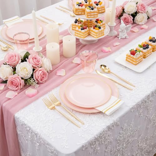 MirthMood 210PCS Pink Plastic Plates with Gold Rim – Plastic Plates Set Includes 30 Dinner,30 Dessert Plate,30 Cup&30 Napkins 90 Gold Silverware for Wedding & Birthday & Party - color: Pink, size: 210