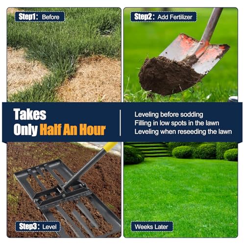 Heavy Duty Lawn Leveling Rake 30x10 with 72" Adjustable Handle - Commercial Grade Landscape Grading Tool, Foldable Yard Leveler for Soil Sand & Topdressing | Stainless Steel + Ergonomic Design - size: 30x10"(Foldable), 72"