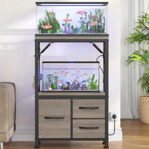 Heybly 5-10 Gallon Fish Tank Stand, Aquarium Stand with Drawer, Power Outlet, Heavy Duty Metal Frame, for Fish Tank, Turtle & Reptile Terrarium, 20.5" × 10.2" Top, 200lbs, Rustic Gray HAS002SSG-1 - color: Greige, size: 5-10 gal