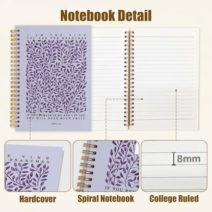 Likjad Christian Spiral Notebook Journal 5.5x8.3, Botanical Bible Scripture Journals for Writing, Religious Christian Gifts for Women, Bible Verse Hardcover Notebooks for Note Taking（Purple - color: Botanical Bible Five