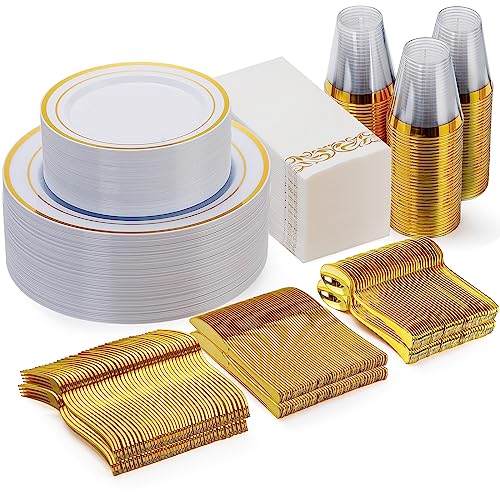 Goodluck 350 Pcs Gold Dinnerware Sets for 50 Guests, Disposable Plate Sets - color: Gold, style: 50 Guests