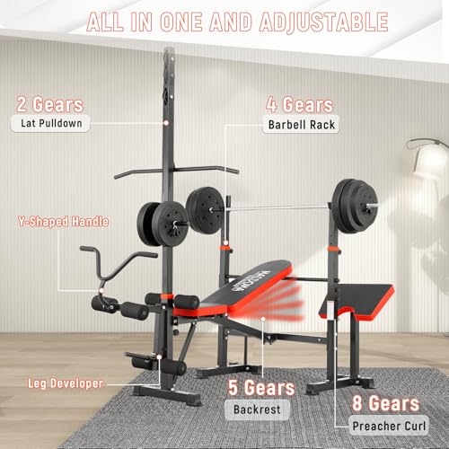 MAIDOMA Foldable 1500LBS Capacity 8 IN 1 Weight Bench Set with Leg Extension/Squat Rack/Preacher Curl, Adjustable Bench Press for Home Gym Full Body Workout (US Stock) - color: 레드