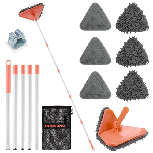 RONSUNG Wall Cleaner Mop, 82-Inch Handle, Baseboard Cleaner Tool, 6 Pads | Wall scrubber with long handle, triangle head, squeegee, and 6 pads for walls, ceilings, windows, baseboards, and floors - color: Orange, size: 6 Pads