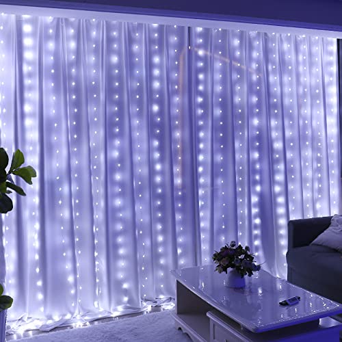 HXWEIYE 300LED Fairy Curtain Lights, 9.8x9.8Ft USB Plug-in 8 Modes Christmas String Hanging Lights with Remote for Bedroom Backdrop Wedding Indoor Wall Decor, White, Tangle-Free – 1 Pack - color: White, size: Regular
