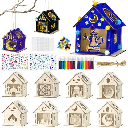 MUOUAKATE 9PCS Ramadan Crafts Wooden House with 24 Paint Pens, Ramadan Activities for aldults, Islamic DIY Ramadan Goodies for Eid Mubarak Gifts Favors Party Supplies Bulk Decorations - style: Ramadan Eid