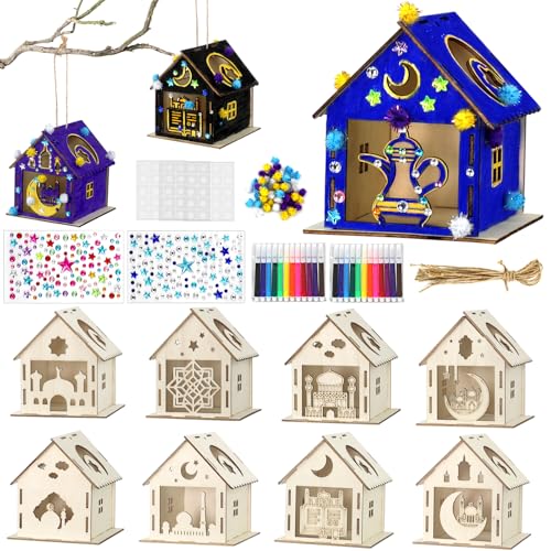 MUOUAKATE 9PCS Ramadan Crafts Wooden House with 24 Paint Pens, Ramadan Activities for aldults, Islamic DIY Ramadan Goodies for Eid Mubarak Gifts Favors Party Supplies Bulk Decorations - style: Ramadan Eid