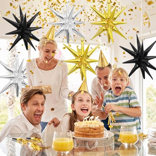 Silver Gold Star Balloons, 6PCS 22 Inch Foil Explosion Star Balloons - color: Gold Silver Black