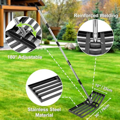 30"x10" Lawn Leveling Rake, Angled Design Yard Leveling Rake for Soil, Sand | Dabormi Lawn Leveler Rake with 74" Adjustable Handle, Heavy Duty Landscape Leveling Rake Ground Leveler for Dirt/Farm/Pasture - size: 30 Inch