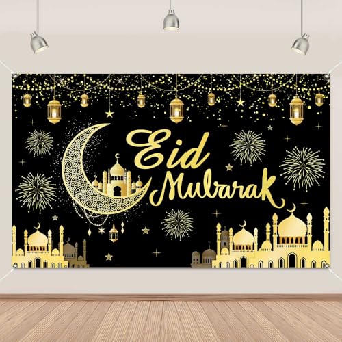 Eid Mubarak Backdrop Banner Black and Gold Eid Mubarak Decorations Banner Eid Al-Fitr Decor for Muslim Home Ramadan Kareem for Wall Door Yard Outdoor House Decor Party Supplies 5.9x3.6Ft - color: black