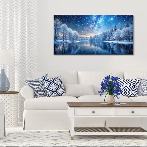 Palderwallart Beautiful Milky Way Landscape Wall Art for Living Room Office Nature Riverside Scenery Blue Starry Sky and White Tree Painting Prints Winter Scenic Canvas Artwork Dining (20x40 Inches) - color: Blue Starry Sky and White Tree Wall Art(Y866),