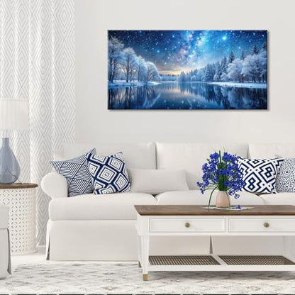 Palderwallart Beautiful Milky Way Landscape Wall Art for Living Room Office Nature Riverside Scenery Blue Starry Sky and White Tree Painting Prints Winter Scenic Canvas Artwork Dining (20x40 Inches) - color: Blue Starry Sky and White Tree Wall Art(Y866),