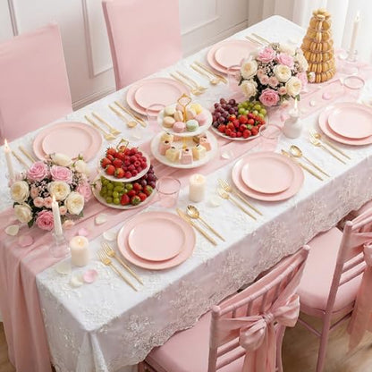 MirthMood 210PCS Pink Plastic Plates with Gold Rim – Plastic Plates Set Includes 30 Dinner,30 Dessert Plate,30 Cup&30 Napkins 90 Gold Silverware for Wedding & Birthday & Party - color: Pink, size: 210
