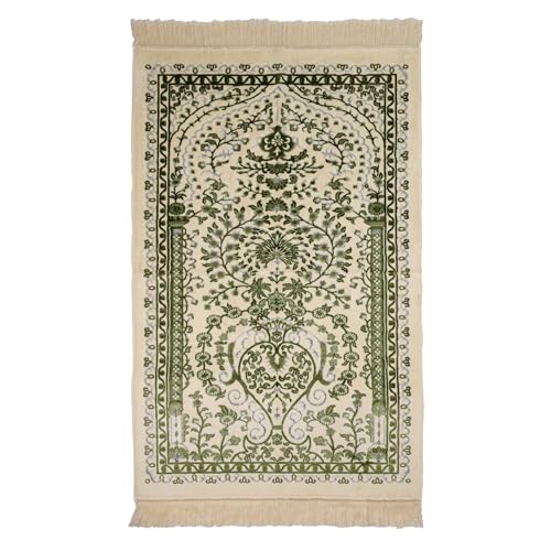 Velvet Muslim Prayer Rug Set with 99 Beads - Green | Soft Velvet, Cream Base with Vine & Leaf Motif, Lightweight Turkish Sajjadah, Anti-Slip Floor Grip, Eid Gift, Matching Beads - color: Green
