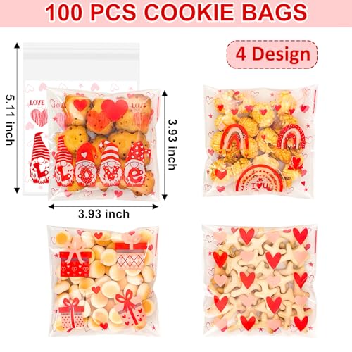 Mother's Day Cookie Bags - 100PCS 4x4 In Red Heart Self-Sealing Cellophane Treat Bags for Candy Gifts, Small Jewelry, Clear Self-Adhesive Goodie Bags for Mother’s Day, Birthday, Party Favors - 2.8 Mil - color: Red Heart 100pcs